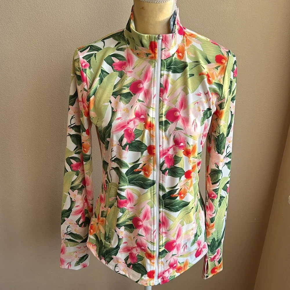 Tommy Bahama Women's Full-Zip UPF 50 Golf Beach Shirt Tropical Multi New SZ M - Picture 2 of 3